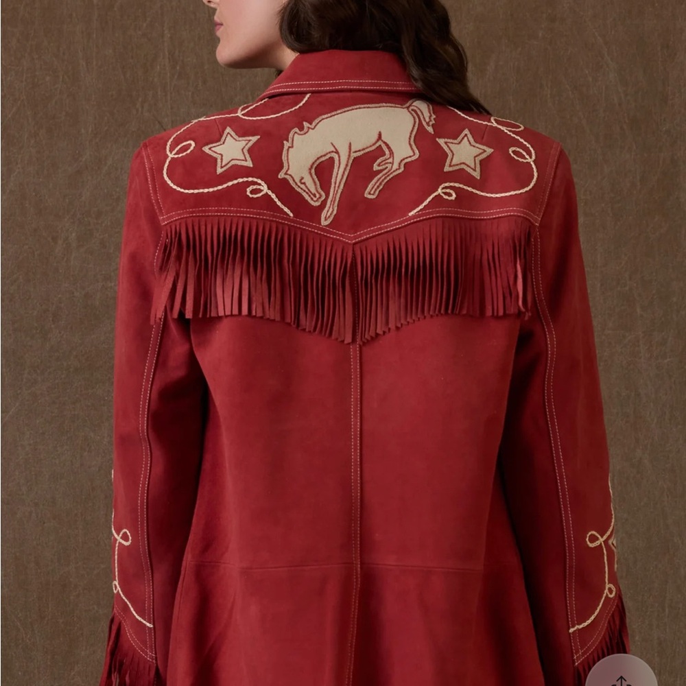 Double D Ranch Red Leather Jacket with Embroidery and Fringe Jimmy Jack Jacket - Picture 3 of 3